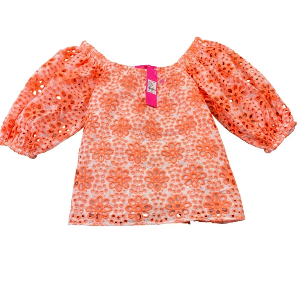 Lilly‎ Pulitzer Kerrigan Top Womens XS Orange Funflower Eyelet New Off Shoulder